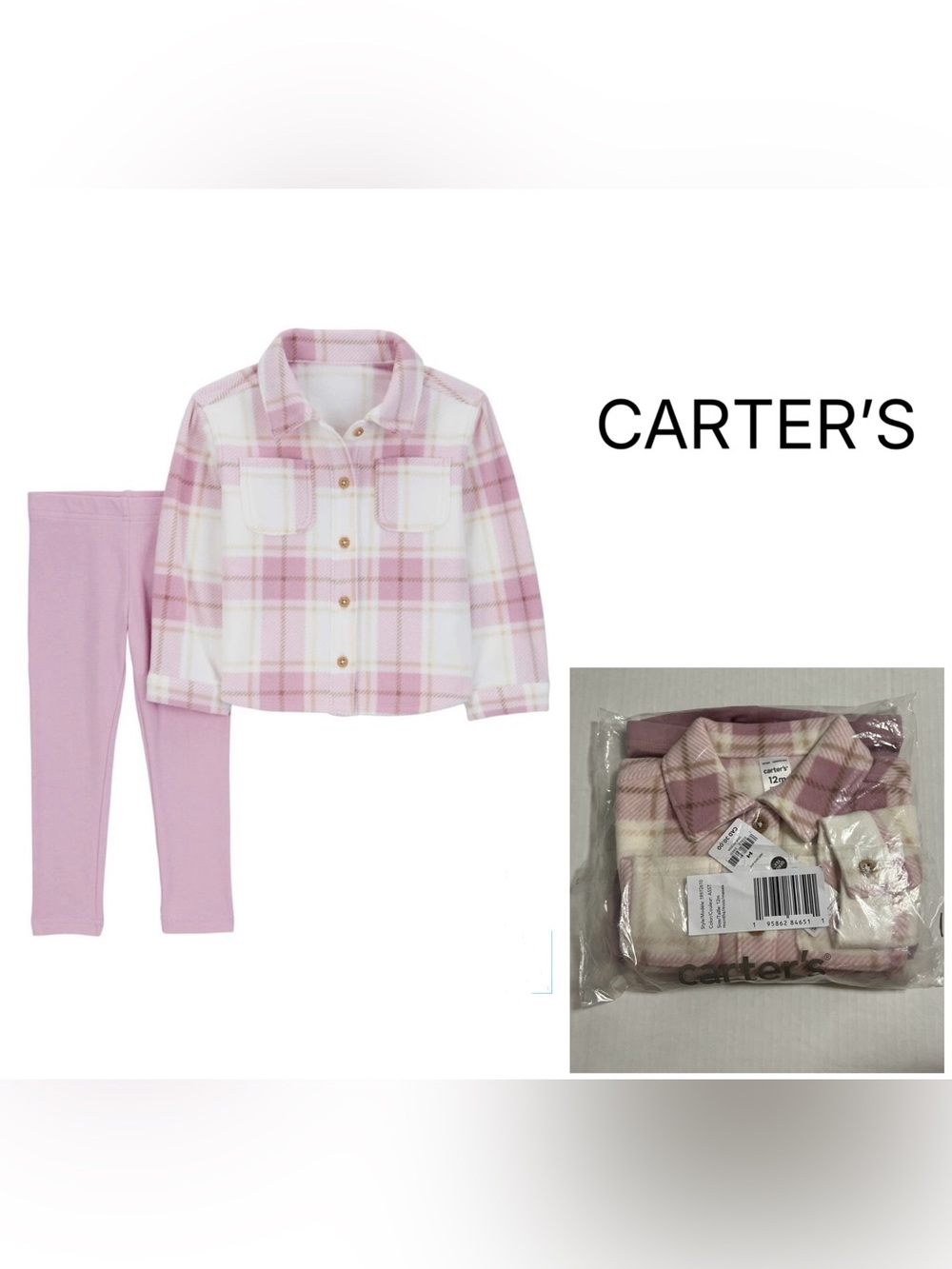 CARTER’S - 12M - NWT - INFANT GIRLS 2PC PINK PLAID BUTTON UP FLEECE SHACKET SET